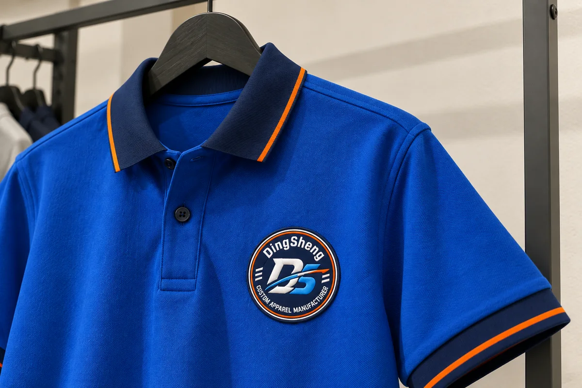 Close view of DingSheng polos branding and construction